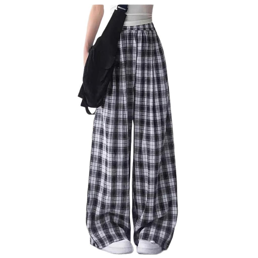 Women's Blue Ice Silk Plaid High-Waisted Wide-Leg Pants - Spring/Summer 2026 Collection