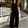 Damen 2-teiliges Leinen-Set Ärmelloses V-Ausschnitt Knopfleiste Tanktop und Weite Hosen Set Sommer Lässig Lounge Outfits