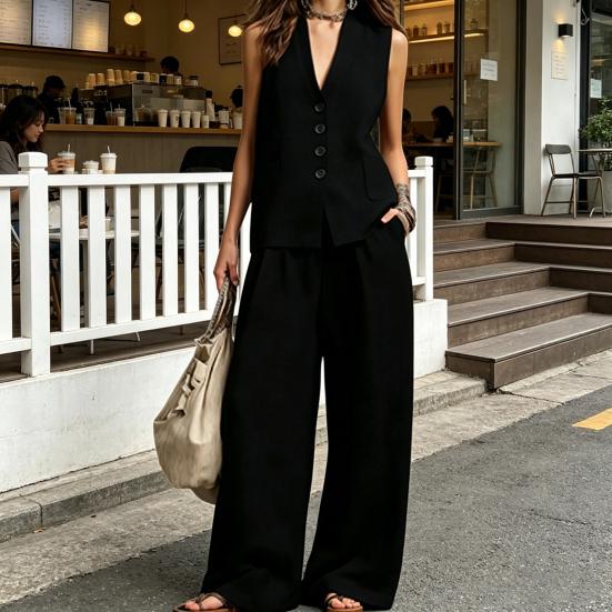Damen 2-teiliges Leinen-Set Ärmelloses V-Ausschnitt Knopfleiste Tanktop und Weite Hosen Set Sommer Lässig Lounge Outfits