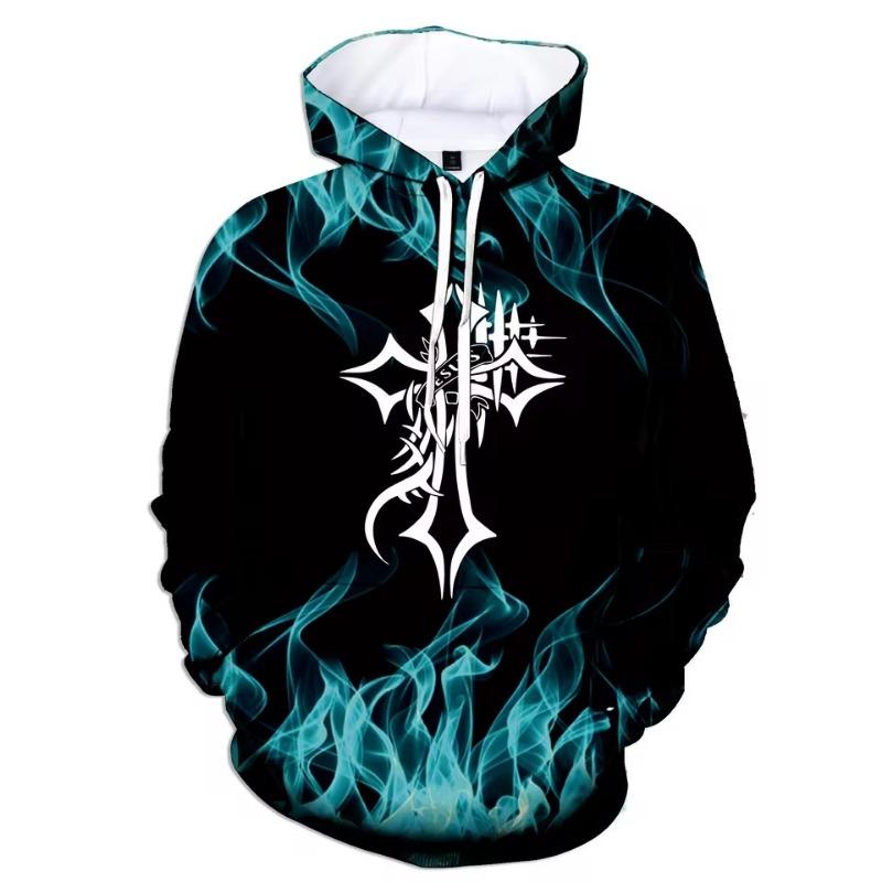 Fashion Autumn and Winter 3D Flame Men's Hoodie Hooded Sweatshirt Pullover Cross Printed Large Size Sweater