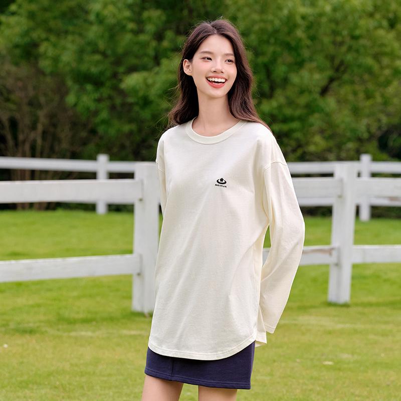 

Футболка с длинным рукавом женская Plum Blossom средней длины из чистого хлопка с напечатанным рисунком 2024 года, новый осенний свободный топ XS белый