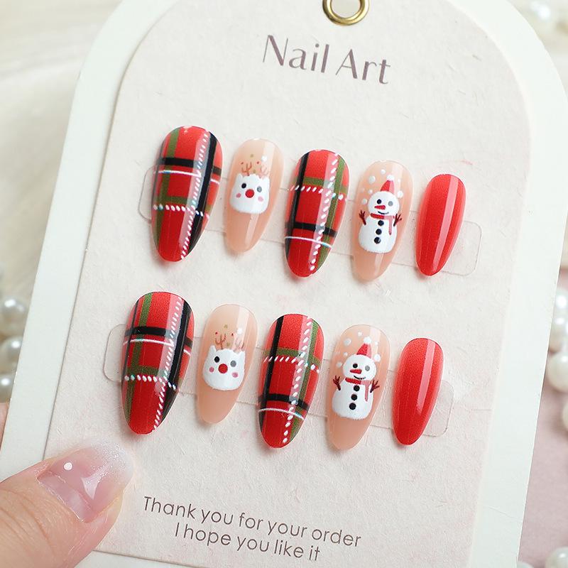 24pcs Christmas Almond Cat Eye Nails - High-Quality Snowman & Plaid Design Nail Tips SD-9 24pcs/Box