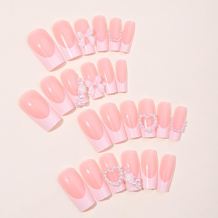 Popular Press-on Nails: French Style with Heart-shaped Pearls, 3D Bowknot, Manicure Nails
