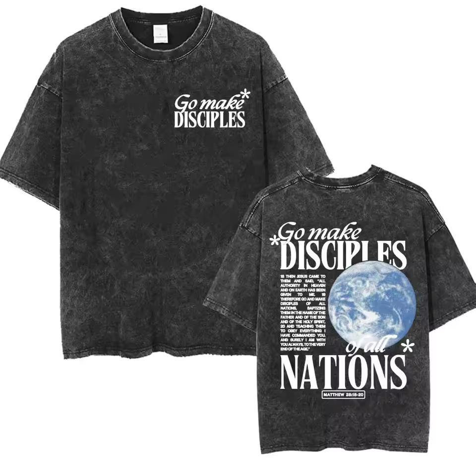 Vintage Go Make Disciples of All Nations Graphic T‑Shirt Men Women Casual Short Sleeve Tee Retro Washed Streetwear Unisex Tops