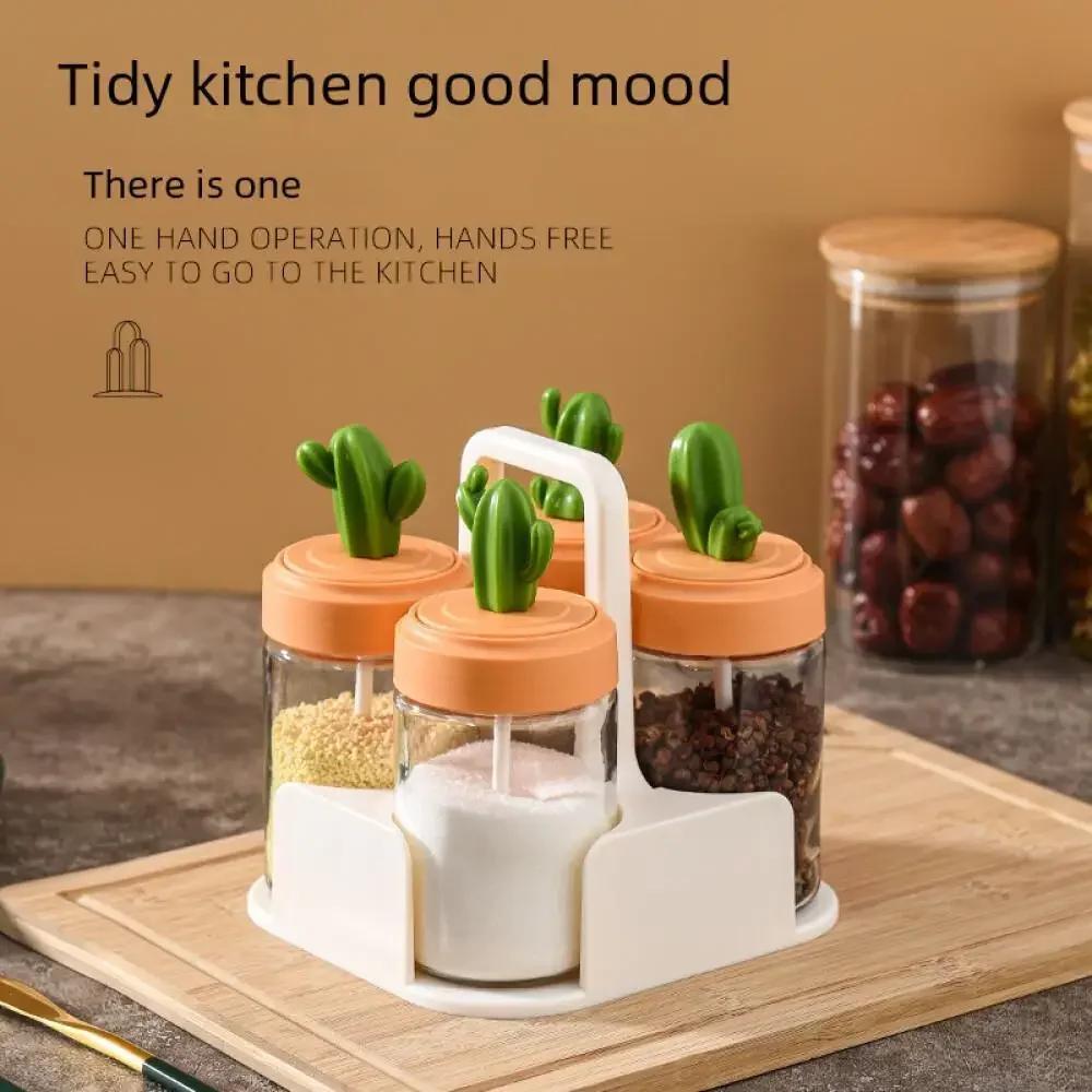 

Cactus Seasoning Storage Box Home Glass Spice Jar Salt Container Bottle Set Condiment Organizer Kitchen Tool Cooking Accessory Cactus single group