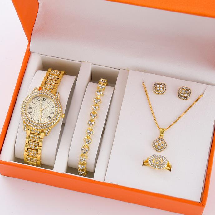 Trendy Roman Numerals Luxury Diamond-Encrusted Cuban Bracelet With Women'S Watch, Fashionable Hip-Hop Steel Watch