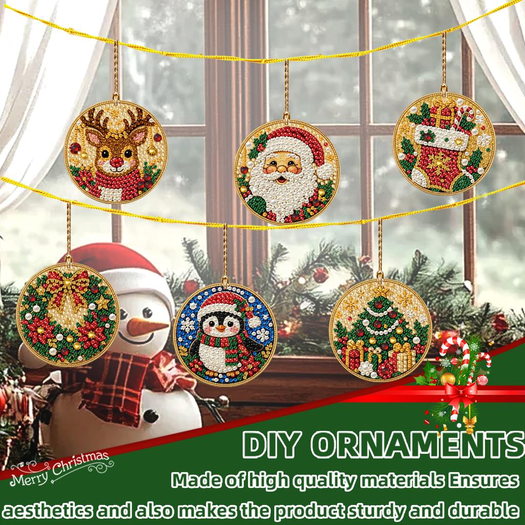 DIY Diamantmalerei Weihnachtsornamente 6 Stück Holz Runde Anhänger Harz Edelstein Feiertagsdekorations-Set