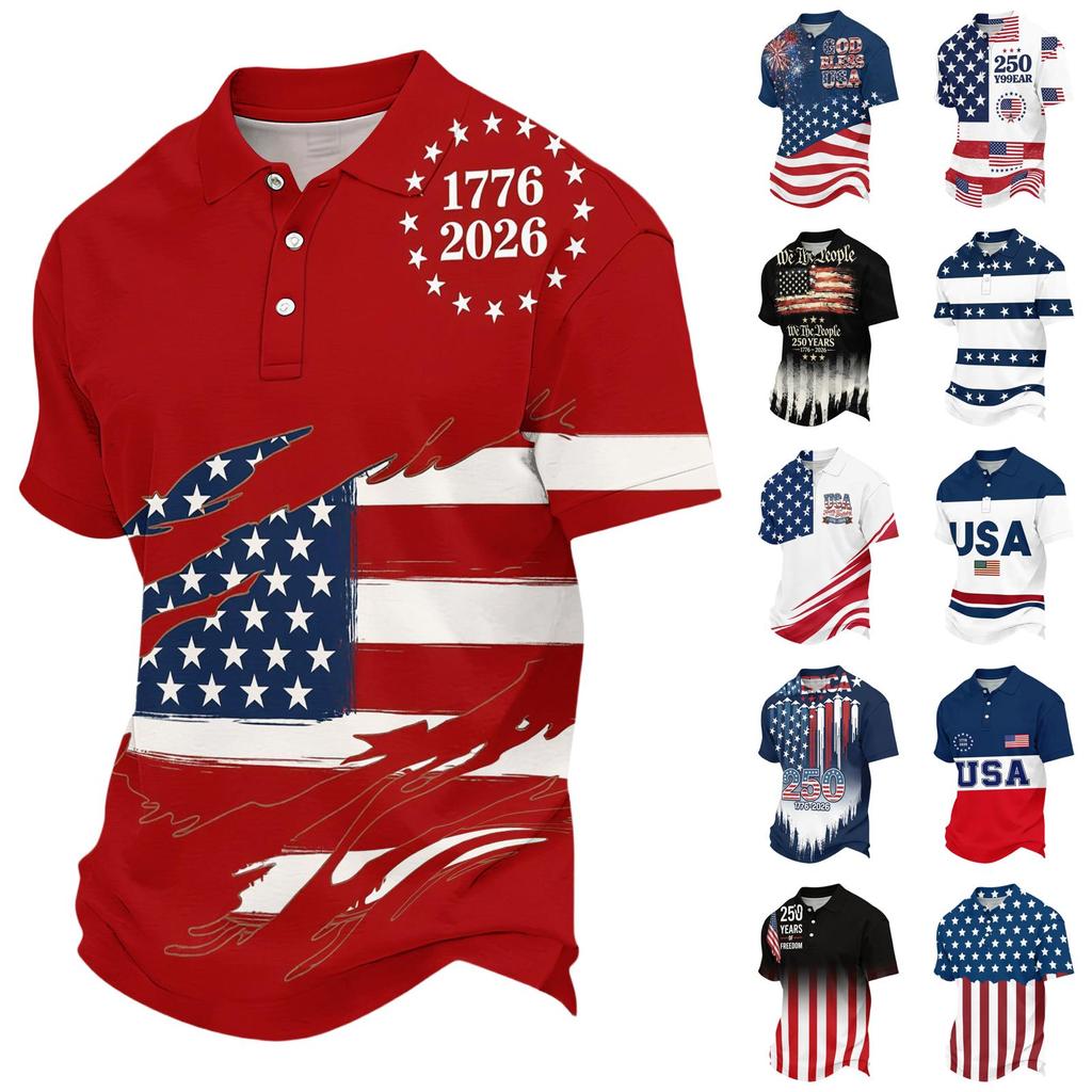 Men's Short Sleeve Polo Shirt 250th Anniversary Commemorative USA Flag Print Patriotic Sports Shirt 1776 to 2026 Celebration Apparel