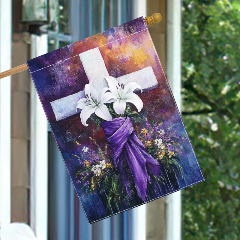 Double-Sided Polyester Garden Flag, Lilies & Cross Design, Durable Outdoor Lawn & Courtyard Decor, No Electricity Needed, DQ-ZH12170135