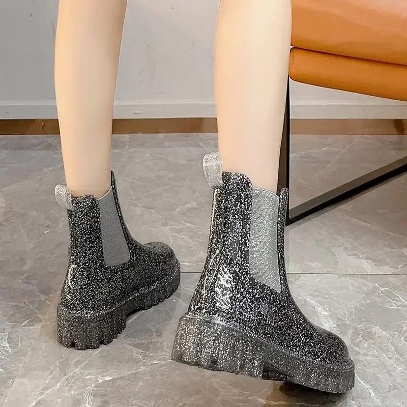 Moda 2024 Damskie Buty Botki Damskie Klasyczne Nowoczesne Botki Damskie Okrągły Nosek Wsuwane Platforma Kwadratowy Obcas Buty Damskie