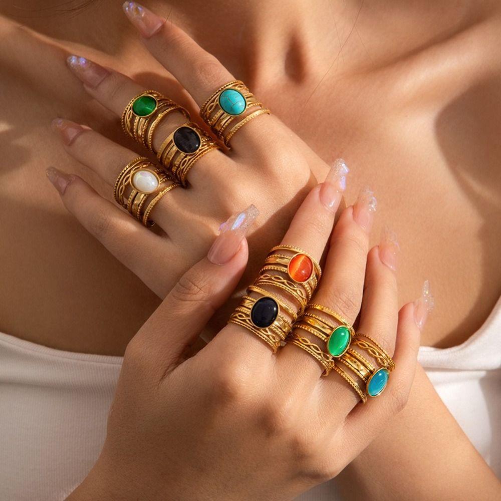 Stainless Steel Geometric Hollow Ring Hollow Pattern Colored Stone Ring Open Ring For Women