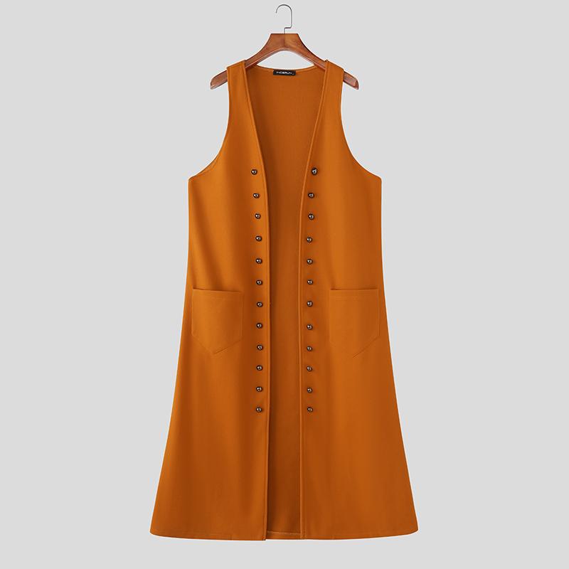 

INCERUN Мужские жилеты без рукавов с открытой передней частью, декоративными пуговицами, из шерстяной ткани, повседневные, длинные кардиганы 5XL оранжевый