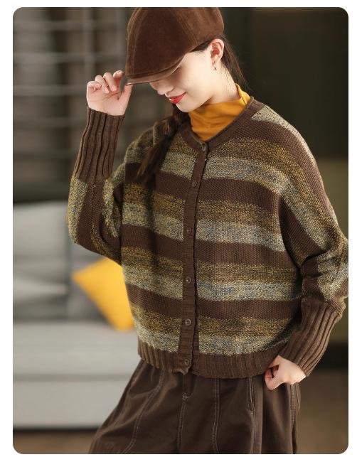 Johnature Women Vintage Striped Sweaters O-Neck Long Sleeve Button Autumn Knitted Casual Female Soft Sweaters