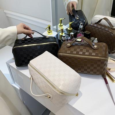 Ruit Toilettas Multifunctioneel PU Leer Make-up Etui Pouch Draagbaar Grote Capaciteit Mode Rits Zacht voor Kamperen Wandelen