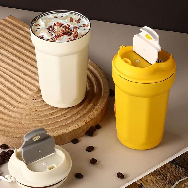 Portable Coffee Cup Double Layer Stainless Steel Thermos Cups with Rope Pure Color Leak-Proof Outdoor Travel Office Water Bottle