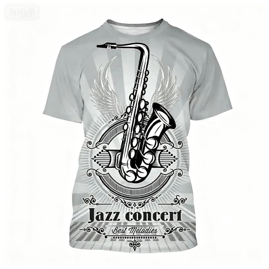 Summer Round Neck 3D Saxophone Pattern Print Top Fashionable Casual Short Sleeved Men's T-shirts