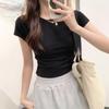Cotton-containing Short-sleeved T-shirt New Design with Waist-hugging Slimming and Pleated Backless Short Top Solid Color Hot Girl Round Neck T-shirt