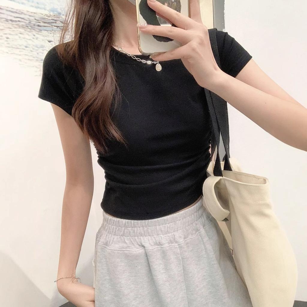 Cotton-containing Short-sleeved T-shirt New Design with Waist-hugging Slimming and Pleated Backless Short Top Solid Color Hot Girl Round Neck T-shirt