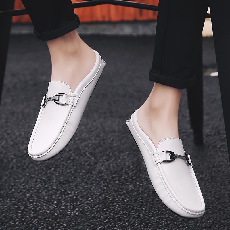 Fashion Leather Men Half Slippers Summer Breathable Mens Casual Shoes Slip-on Lazy Driving Shoes Comfortable Walking Loafers Moccasins