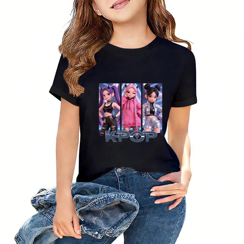 Kids Girls Kpop Hunters Zoey Mira Rumi Print Short Sleeves T-shirt