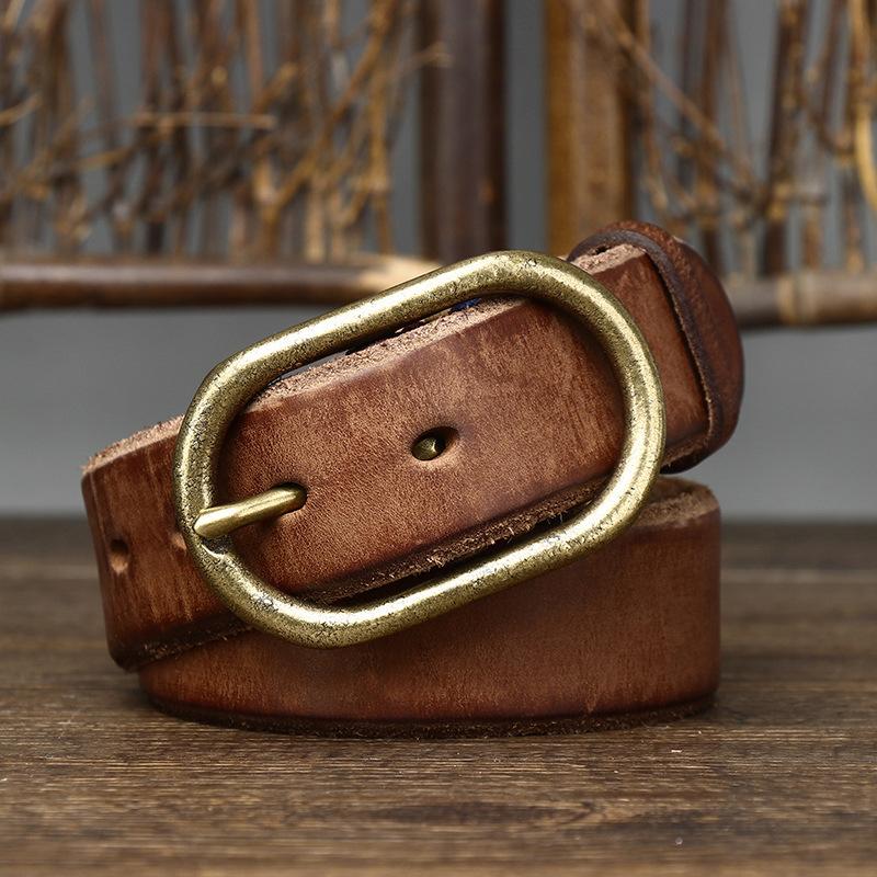 3.7CM Washed Retro Distressed Personalized Trimmed Top Layer Cowhide, Pure Copper Men's Leather Casual Jeans Belt