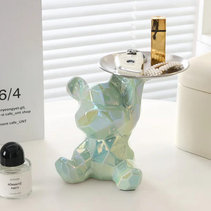 Ceramic Geometric Bear Ornament Coin Bank Home Living Room Desktop Remote Control Key Storage Tray Decorative Statue Gift