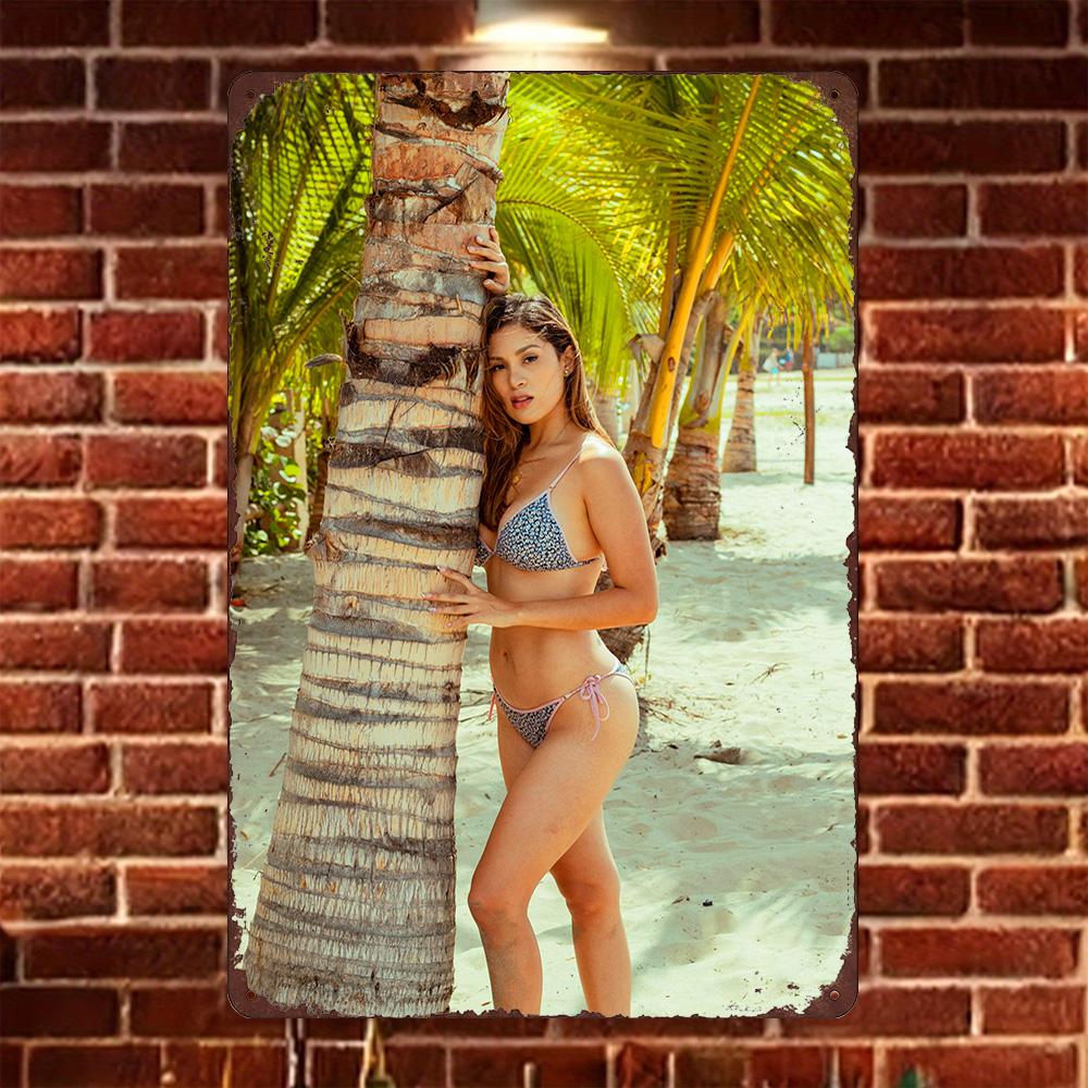 

HD Metal Tin Sign Pink Bikini Girl Gradient Background Wall Decor for Bar Man Cave 20x30cm（7.8x11.8inch）