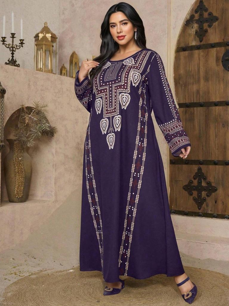 Middle Eastern Ethnic Style Navy Blue Plus Size Long Dress with Long Sleeves