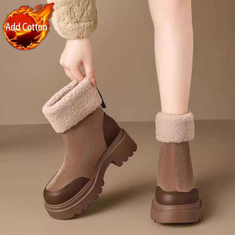 

Модные женские зимние ботинки из замши на толстой подошве с круглым носком, удобная и элегантная женская обувь, зимние нескользящие ботильоны, модная обувь 2025 года 40
