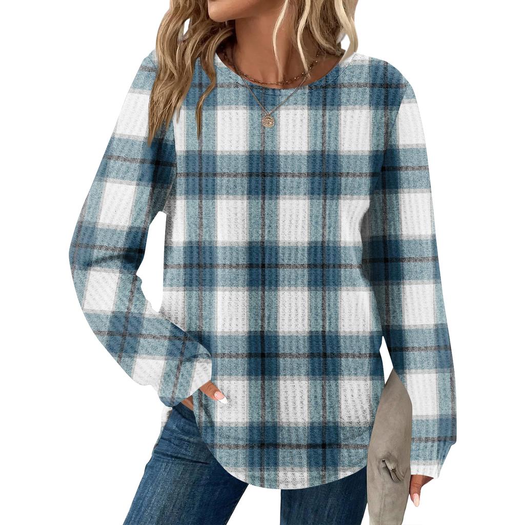 Damrutig tryck rund hals långärmad ledig lös topp