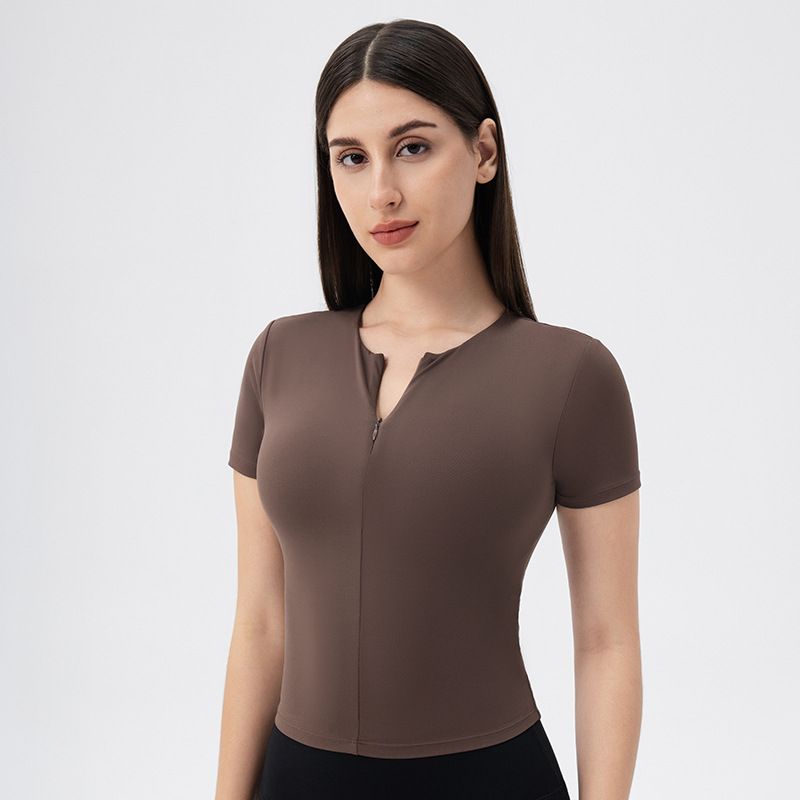 Foreign Trade Belt Chest Pad Yoga Clothes Short Sleeve Front Zipper Tight Fitness Top Nude Feel High Elastic Sports Running T-shirt Women