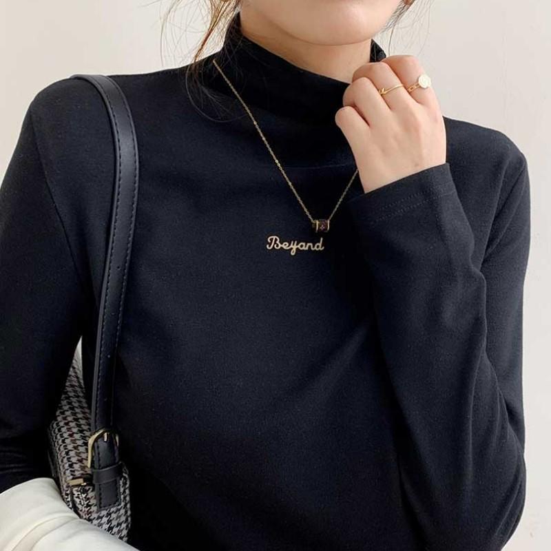 German Velvet Warm Long-sleeved Inner Top, Autumn and Winter Slim-fitting Versatile Embroidered Semi-turtleneck T-shirt Bottoming Shirt