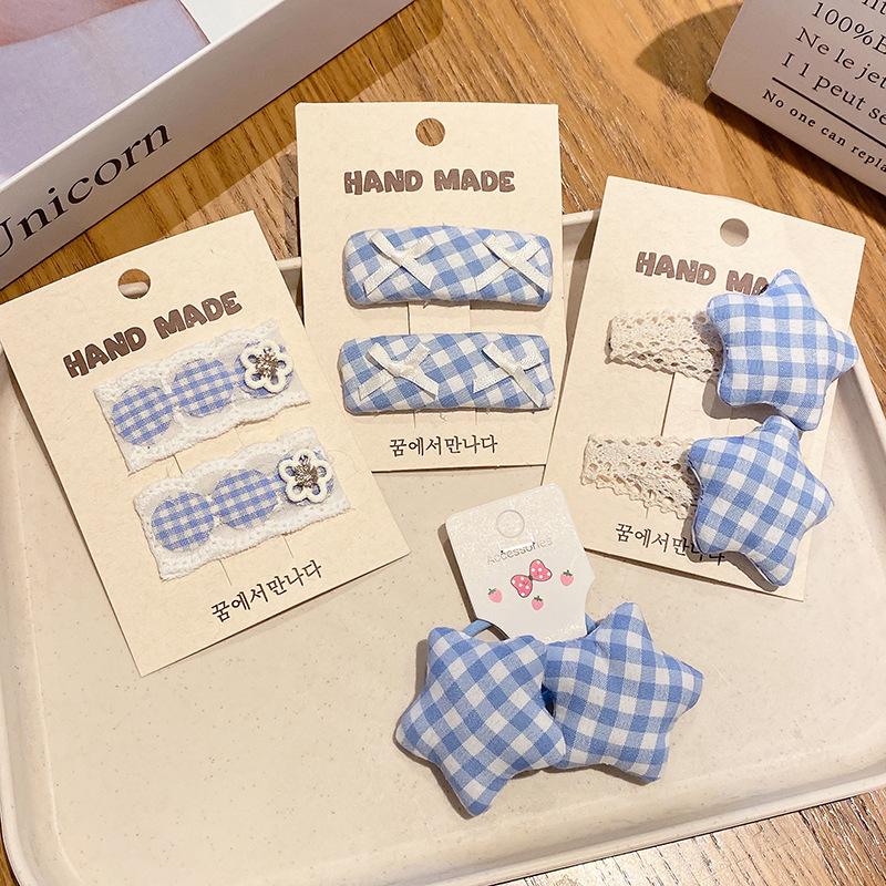 Korean Style Blue Lace Plaid Hair Clip: Fresh, Sweet, and Versatile BB Clip for Children's Bangs.