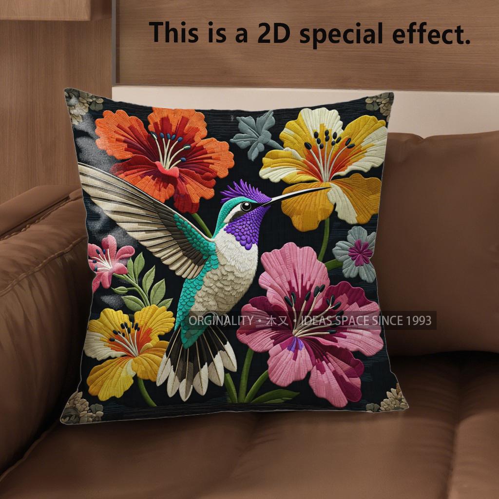 2D Tropical Hummingbird Floral Throw Pillow Covers Pattern Cushion Cover Suitable For Sofa Bedroom Car Pillow Cover