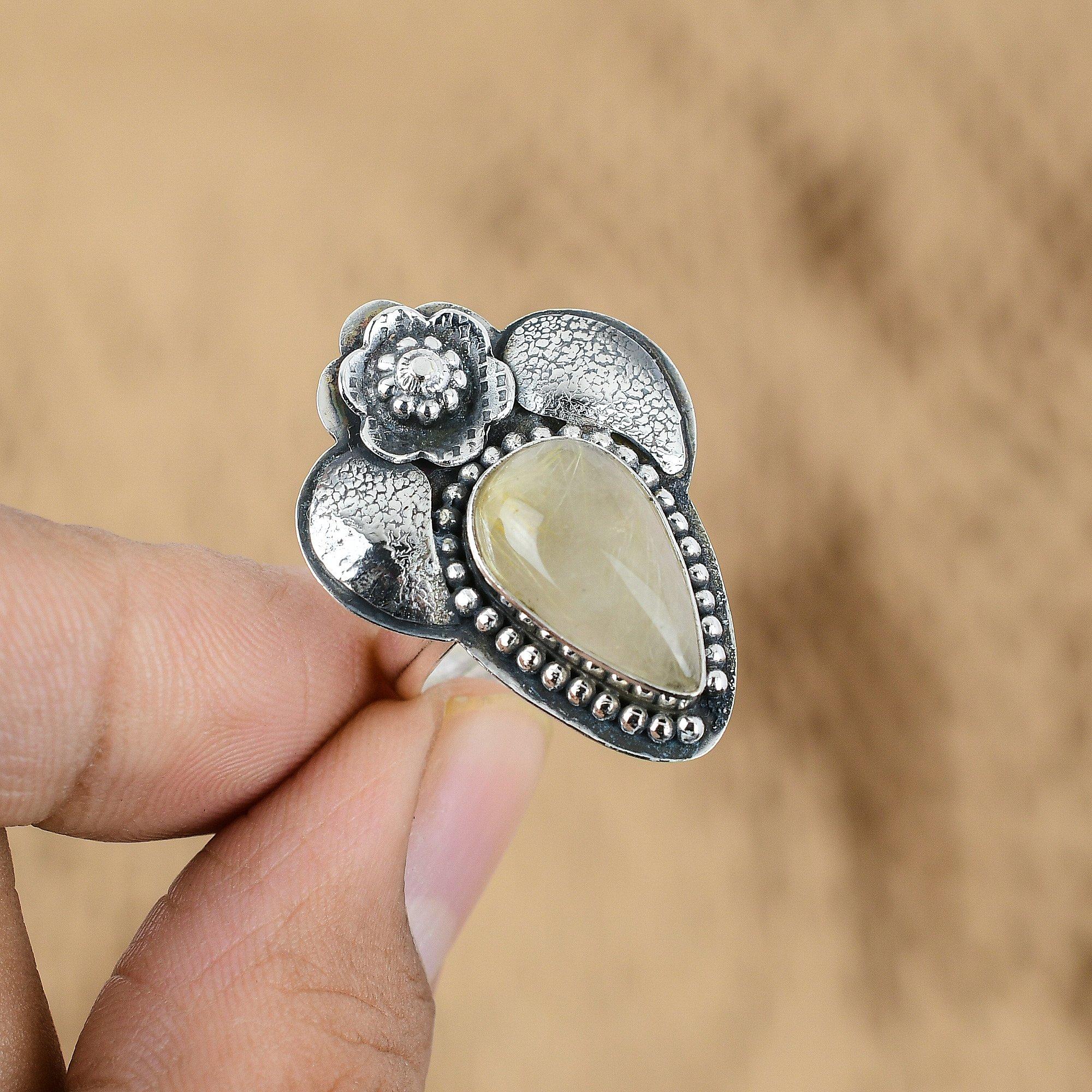 

Gift For Her 925 Silver Natural Golden Rutile Multi Stone Flower Adjustable Ring Yes