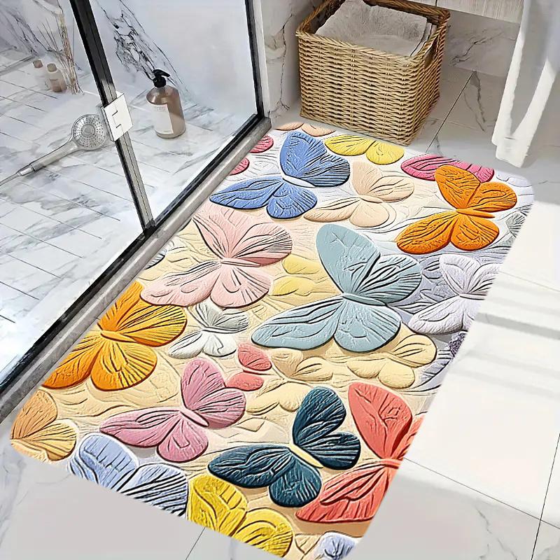 3D Butterfly Pattern Anti Slip Bathroom Mat Soft Flannel Rug Machine Washable Area Carpet for Bedroom and Living Room