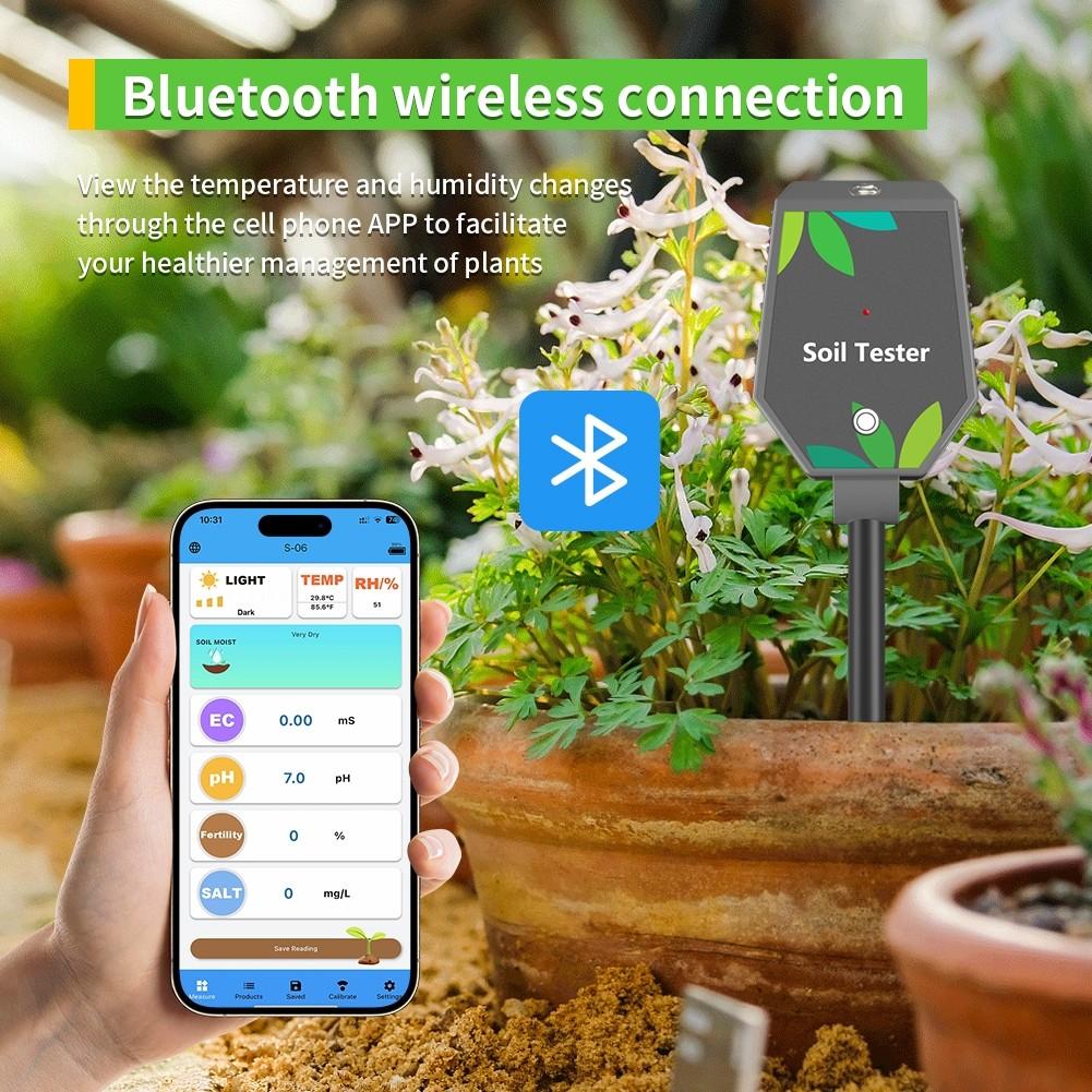 8 IN 1 Smart Bluetooth Soil Tester EC/PH/Fertility/Salt/Air Humidity/Temperature/Sunlight/Soil Moisture Monitors