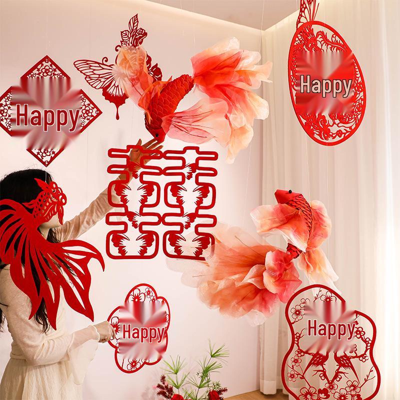 Double Happiness Red Koi Wedding Ornament - Chinese Style Paper Cut Decoration Set for Engagements and Windows