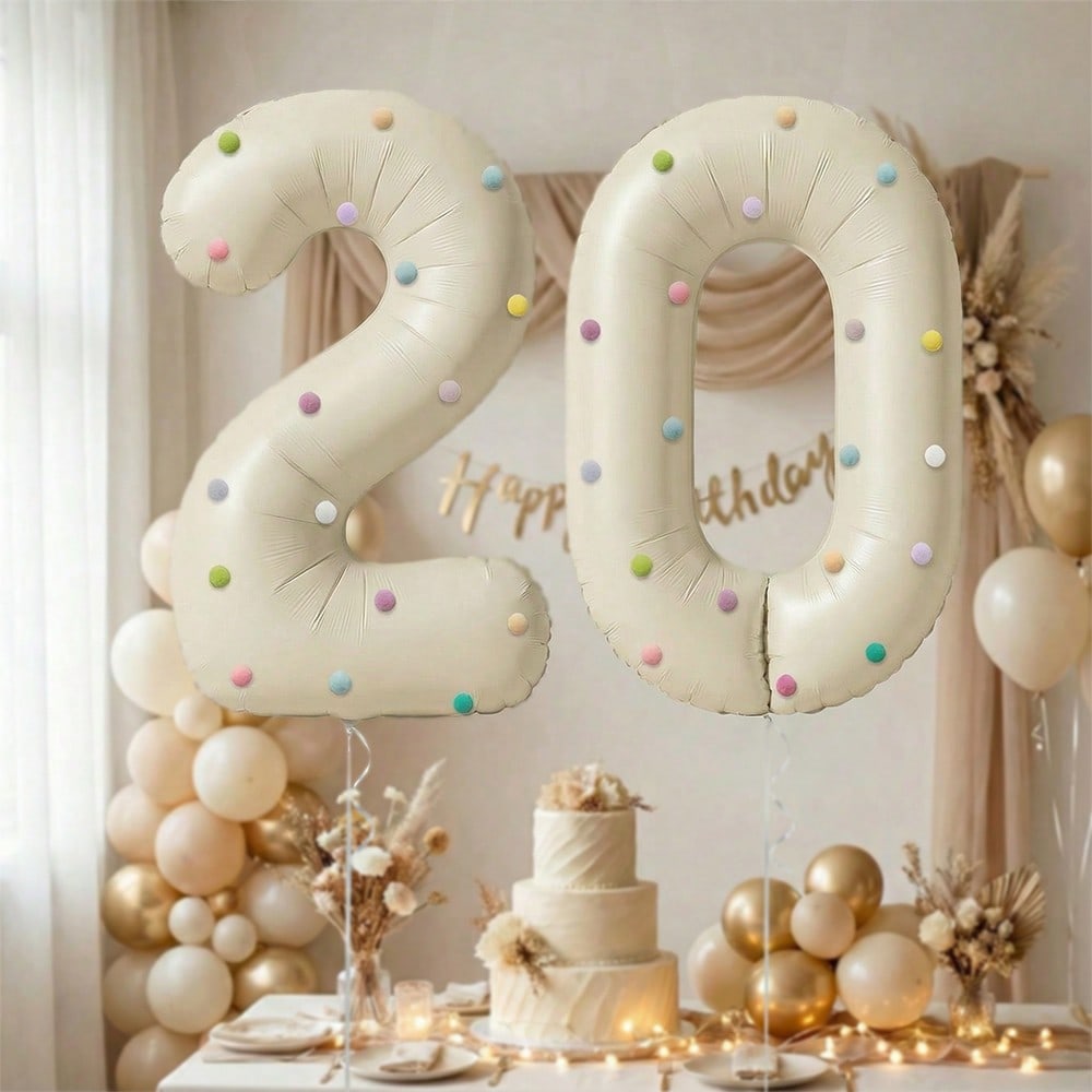 32 Inch Aluminum Foil Balloons, Milky White Numbers 0-9 for Birthday Party Decoration, 20 Plush Balls for Celebrating Birthdays