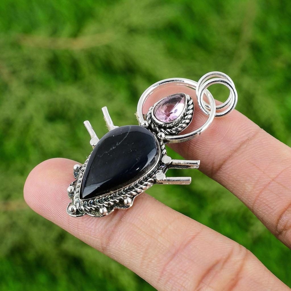 925 Silver Pear Natural Black Tigers Eye Pink Topaz Bezel Handmade Wife Pendant