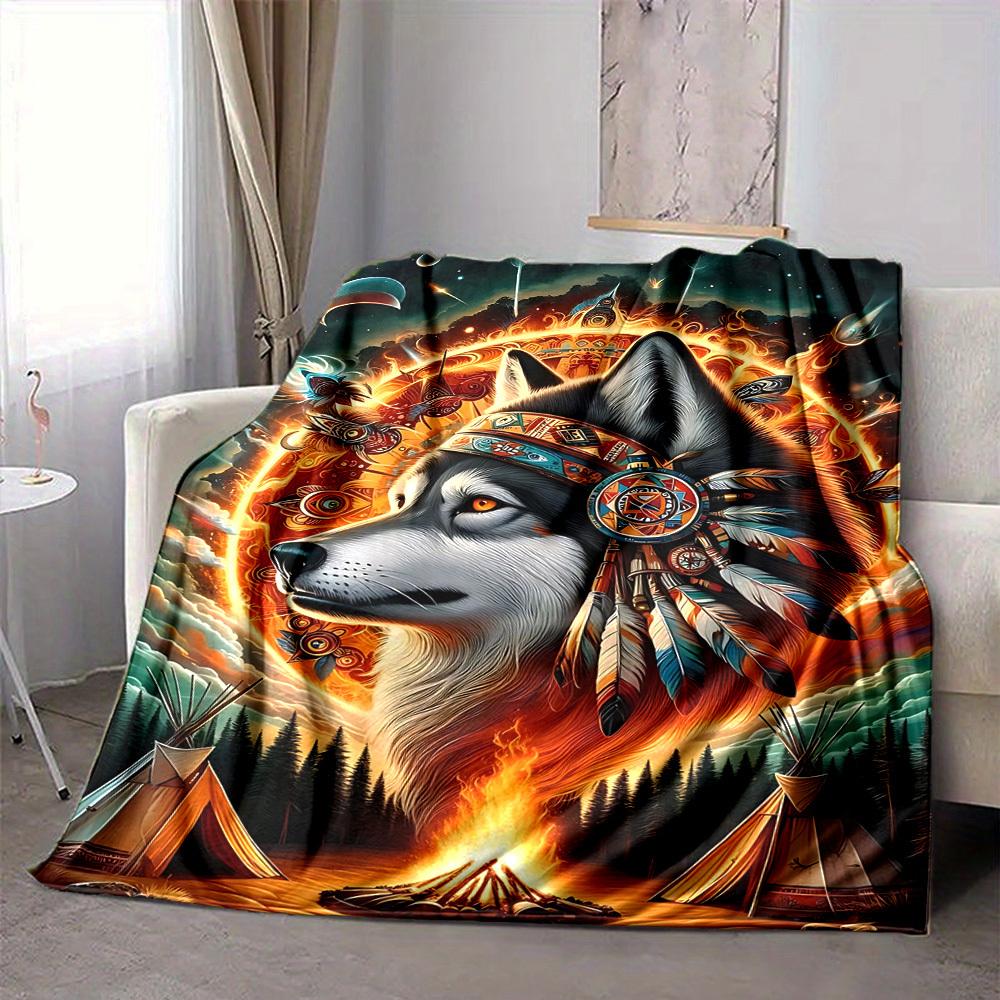 1PC Wolf Spirit Print Blanket, Soft Throw Blanket - Warm & Cozy for Couch, Bed, Office, and Travel Yy250912182