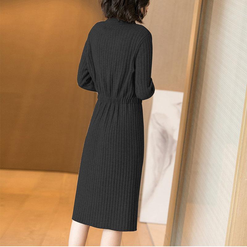 Spring Autumn Lapel Knit Dress Women's Long Loose Tie Sweater Dresses