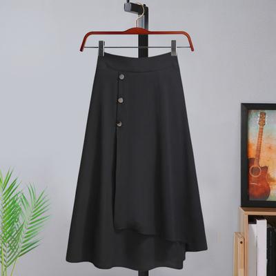High-Waisted Midi Skirt Buttons Decor Irregular Large Hem A-Line Skirt Solid Color Summer Thin Skirt