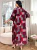 Plus Size V-Neck Floral Patchwork Dress - Women's Middle Eastern Style, Loose Fit, Three-Quarter Sleeve, Casual Vacation Wear
