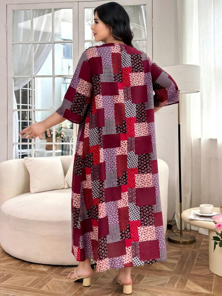 Plus Size V-Neck Floral Patchwork Dress - Women's Middle Eastern Style, Loose Fit, Three-Quarter Sleeve, Casual Vacation Wear
