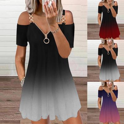 Vestido feminino casual com ombro de fora, manga curta, zíper, decote em V, cor gradiente