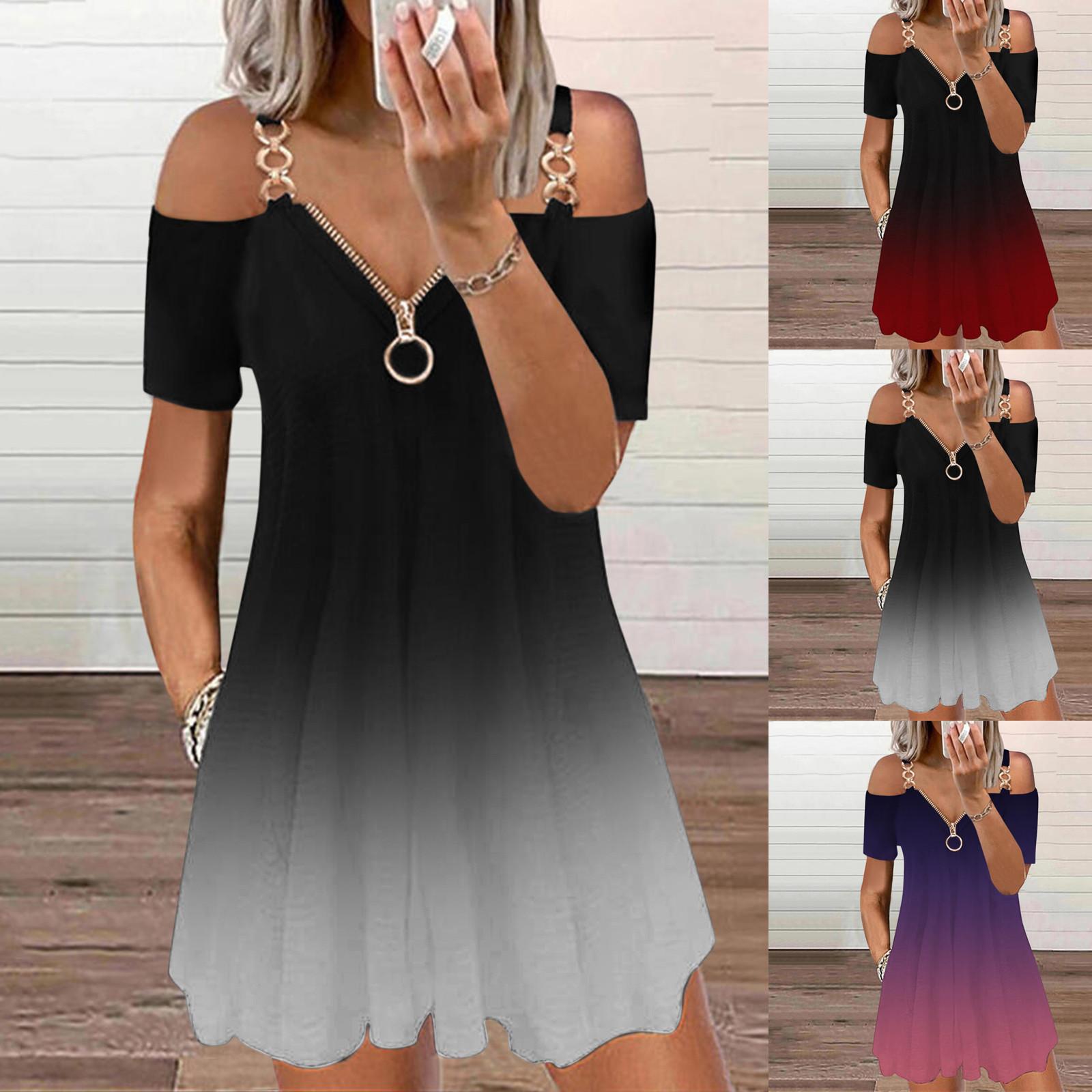 

Женское повседневное платье с открытыми плечами и короткими рукавами на молнии с V-образным вырезом и градиентным цветом