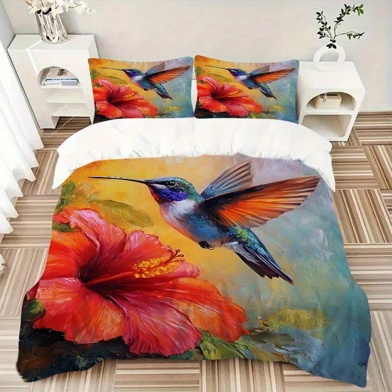 3pcs Hummingbird Flower Soft Comfortable Bedding Set, For Bedroom, Guest Room And Dorm, All - Season Use, High-Definition Printing180