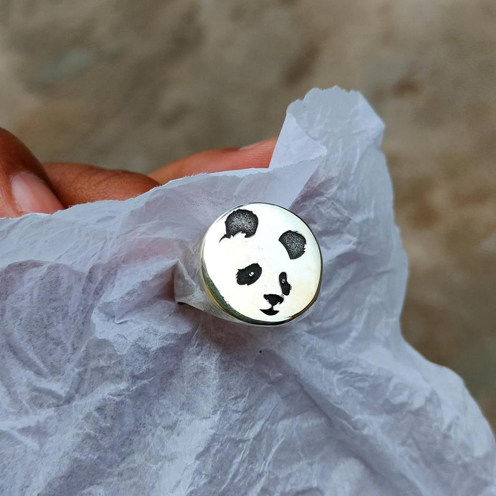 Handmade Panda Signet Ring: 925 Sterling Silver Animal Jewelry