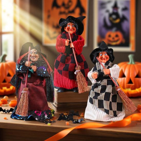 Halloween Witch Ornaments Spooky Witches Figures with Broomsticks Desktop Statue for Haunted House Party Decor